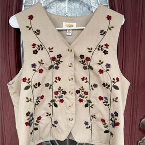 Talbots Beige Embroidered Floral Button-Front Vest
